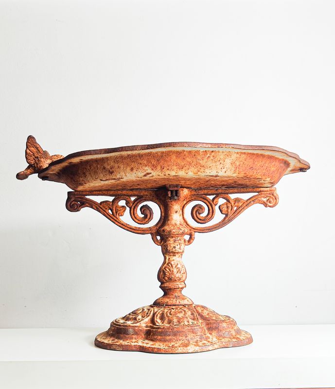 Vintage French Cast Iron Bird Bath & Feeder Rustic Garden Pedestal