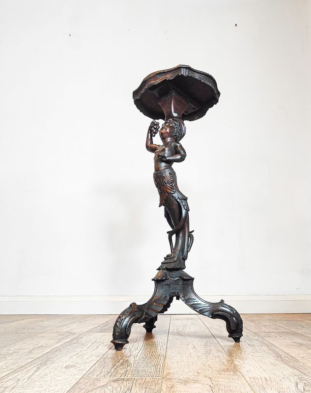 Antique Venetian Blackamoor Figural Pedestal Hand Carved Walnut Gueridon, Late 19th Century