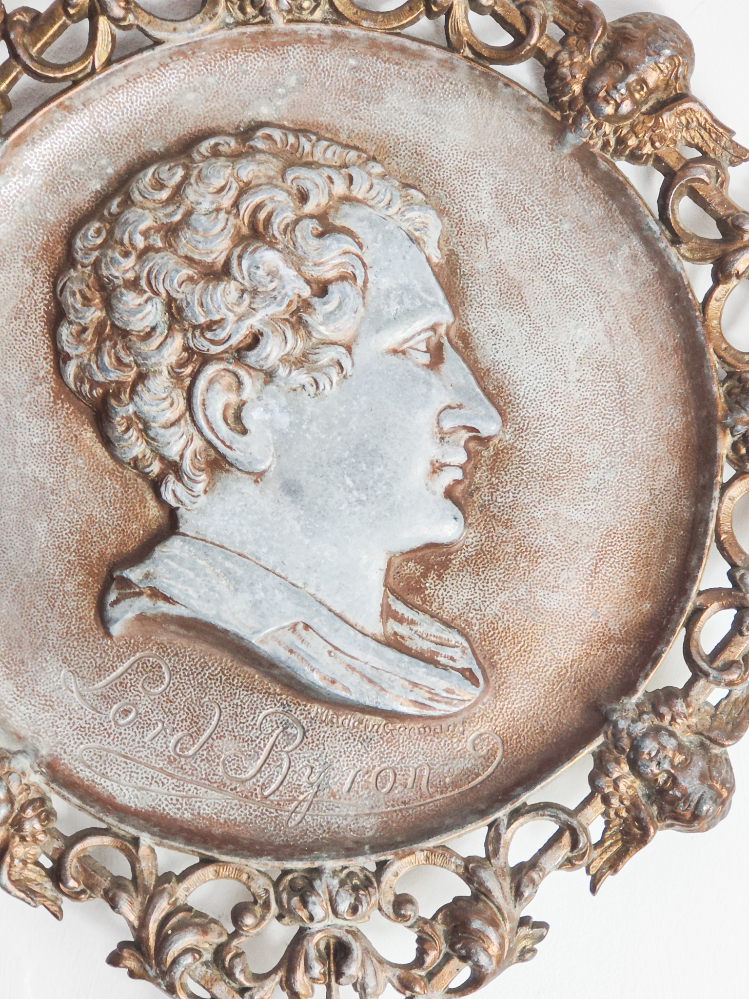 Antique German Relief Plaque – Lord Byron Profile Portrait in Ornate Brass Frame