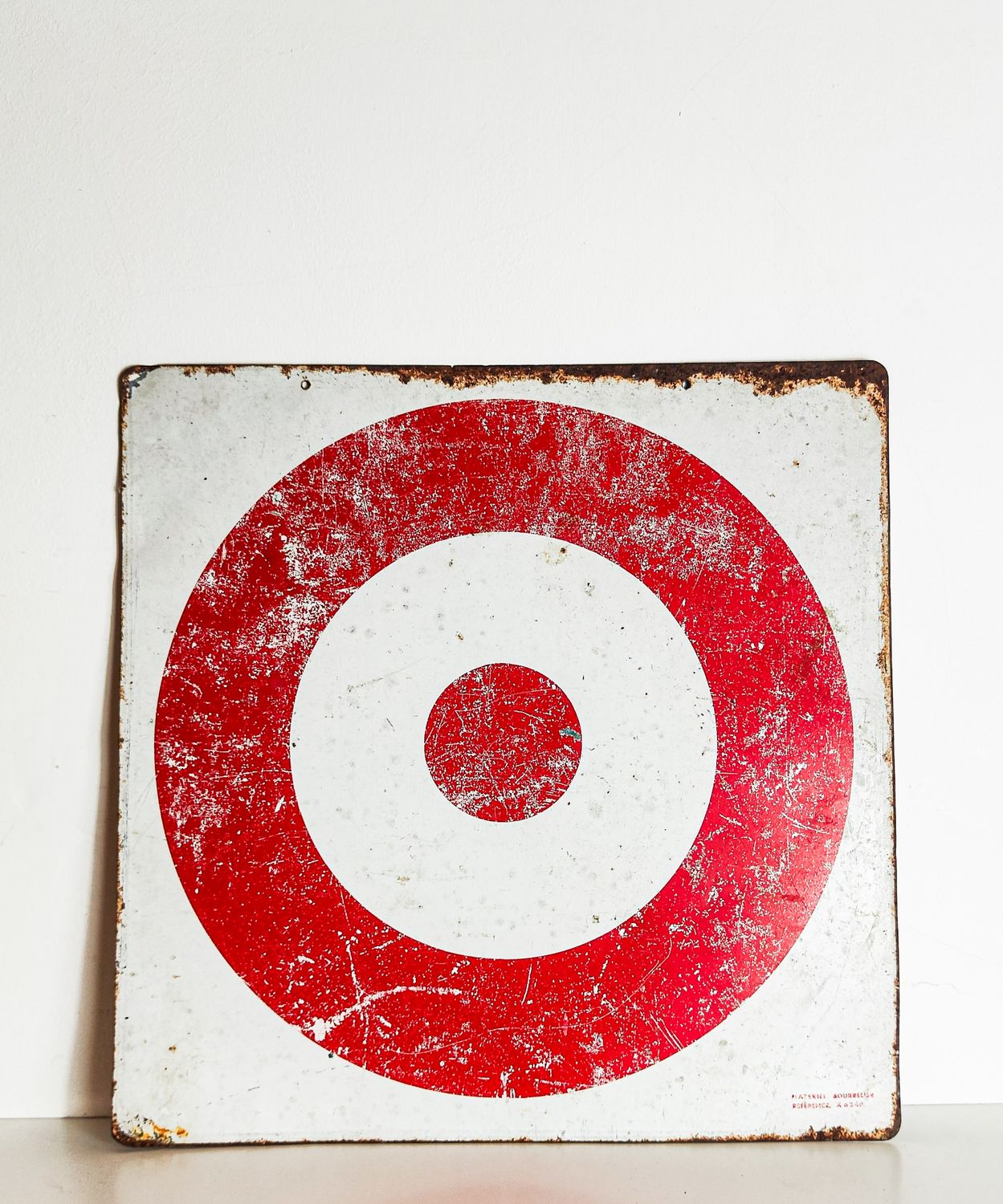 Vintage French Double-Sided Metal Sign Red Target & Blue Flower Graphic