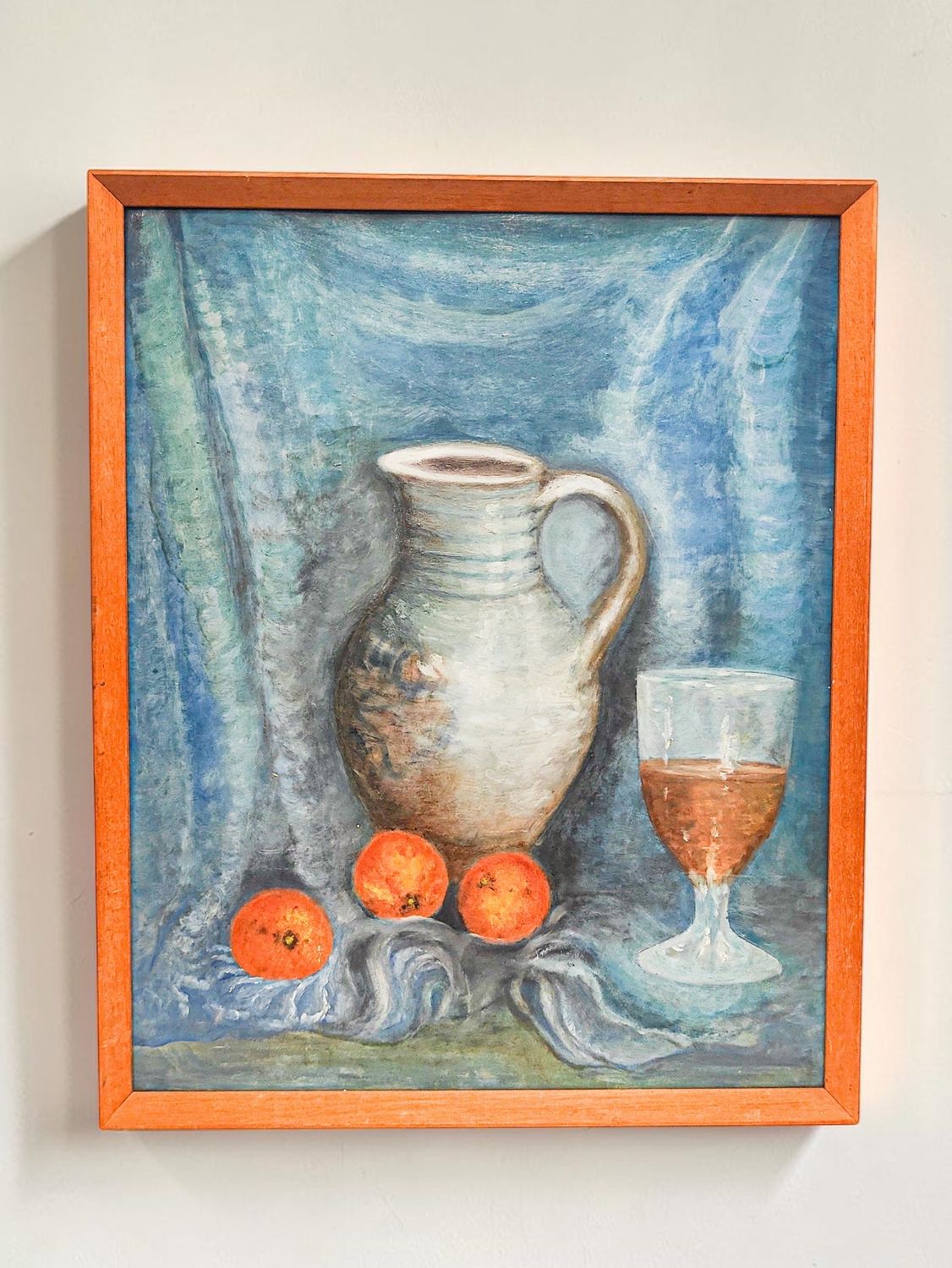 Still Life Oil Painting Ceramic Pitcher & Citrus in Blue