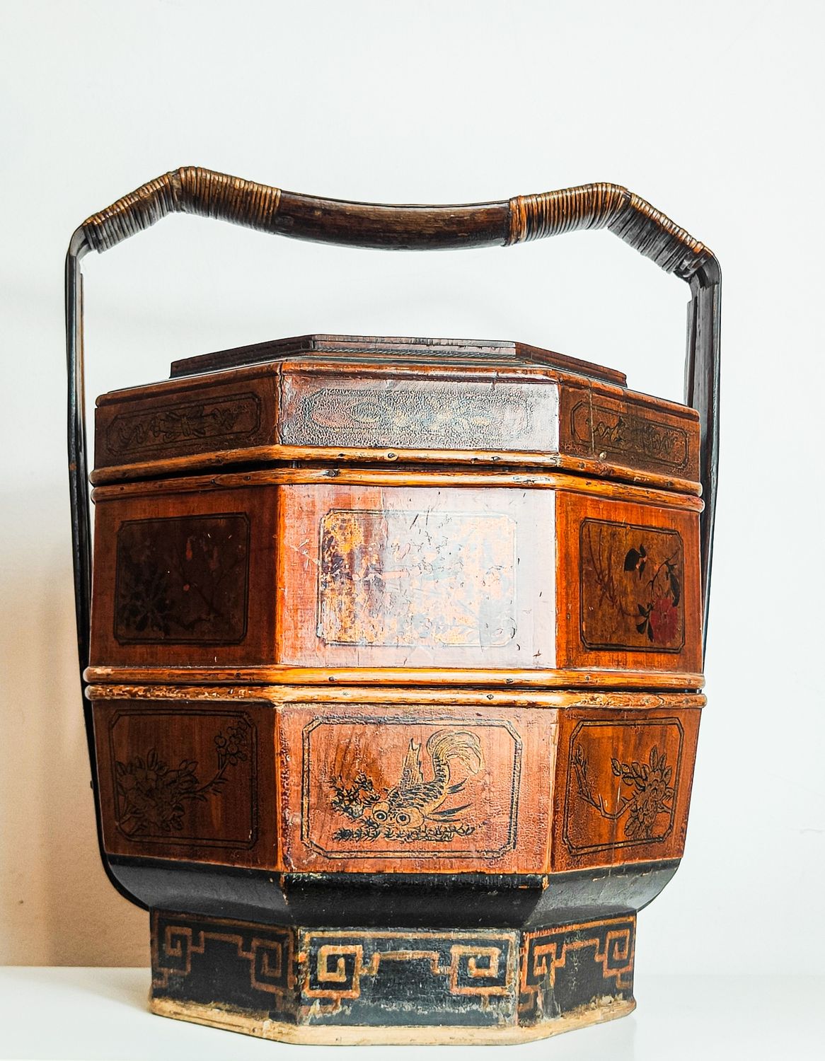 Antique Hand Painted Chinese Lacquer Wedding Basket Octagonal Tiered Carrying Box