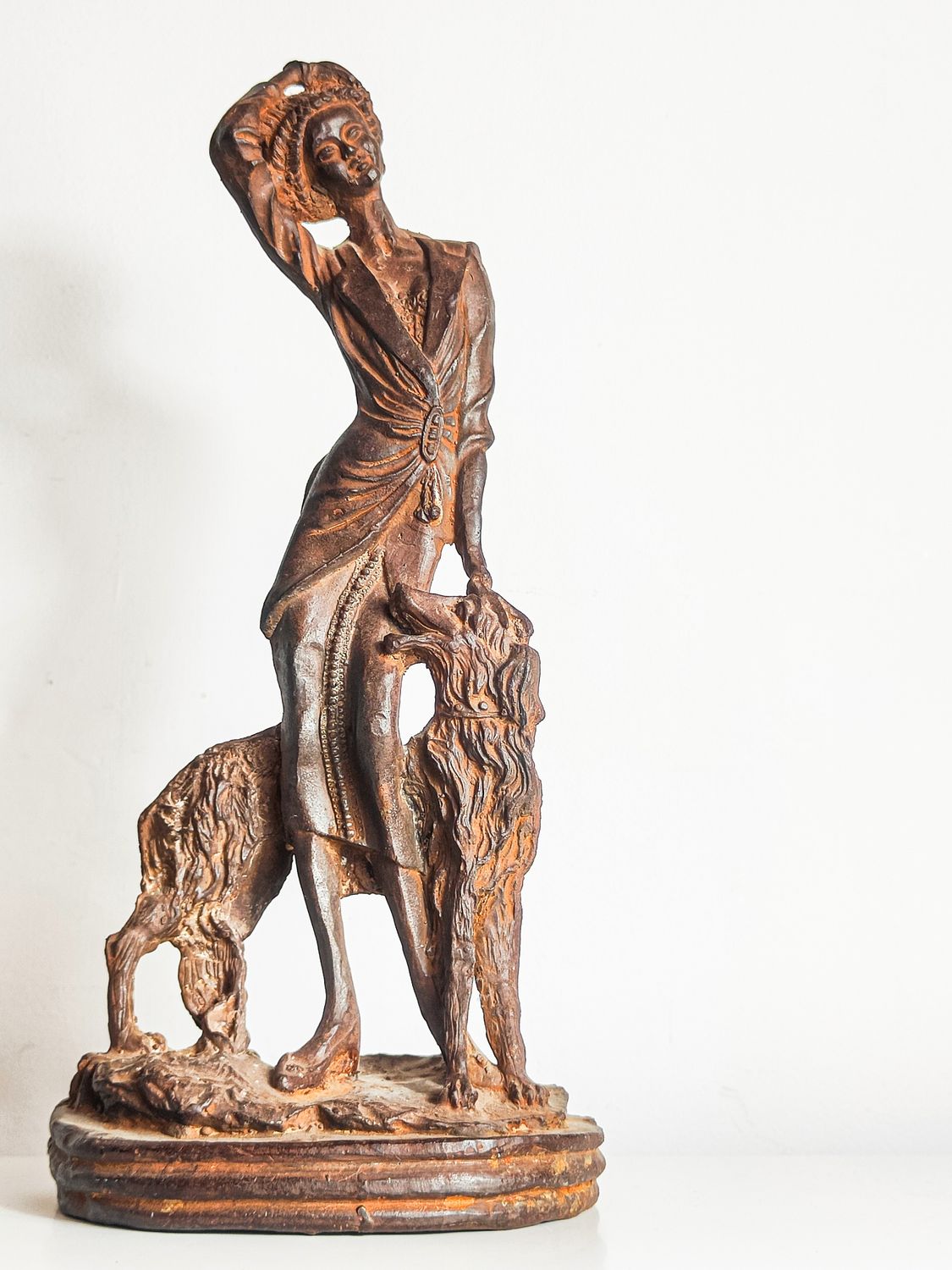 Art Deco Style Cast Metal Sculpture of Woman with Borzoi