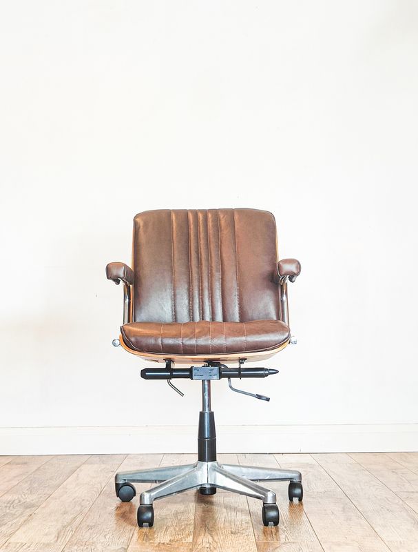 Near Pair of Mid-Century Martin Stoll for Giroflex Reupholstered Executive Desk Chairs in Deep Brown Leather Near Pair of Mid-Century Martin Stoll for Giroflex Reupholstered Executive Desk Chairs in Deep Brown Leather