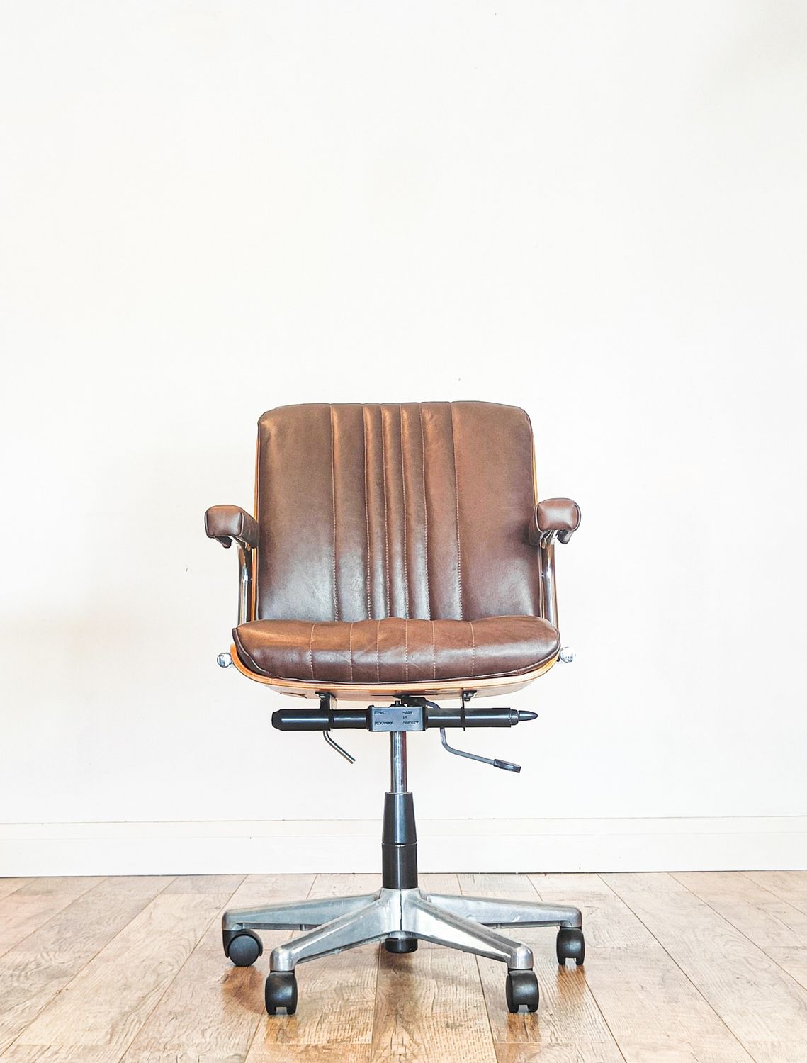 Near Pair of Mid-Century Martin Stoll for Giroflex Reupholstered Executive Desk Chairs in Deep Brown Leather Near Pair of Mid-Century Martin Stoll for Giroflex Reupholstered Executive Desk Chairs in Deep Brown Leather