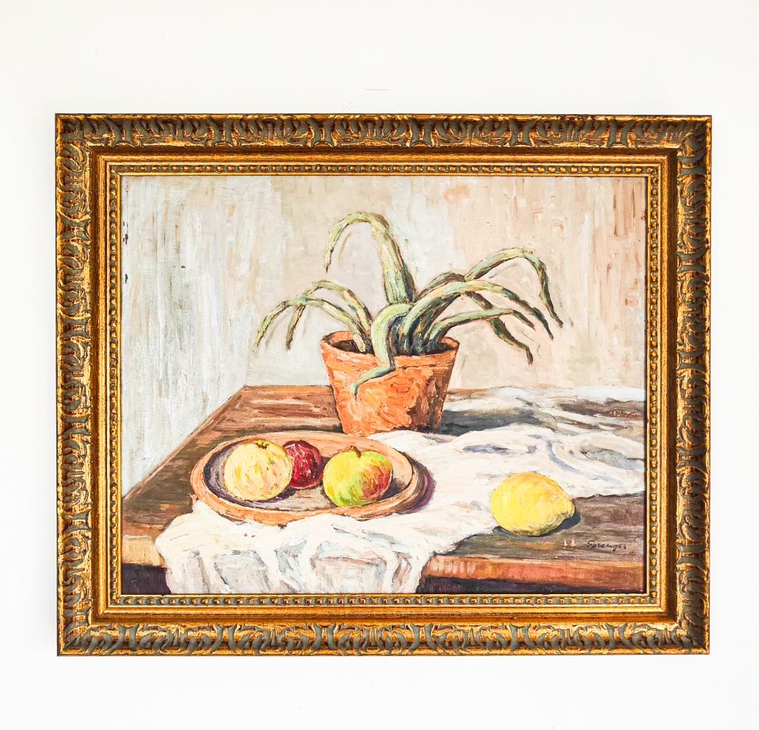 Mid-Century Impressionist Still Life with Potted Aloe & Fruit — Signed Sprenger Mid-Century Impressionist Still Life with Potted Aloe & Fruit — Signed Sprenger