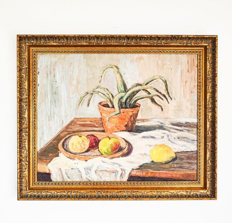 Mid-Century Impressionist Still Life with Potted Aloe & Fruit — Signed Sprenger Mid-Century Impressionist Still Life with Potted Aloe & Fruit — Signed Sprenger