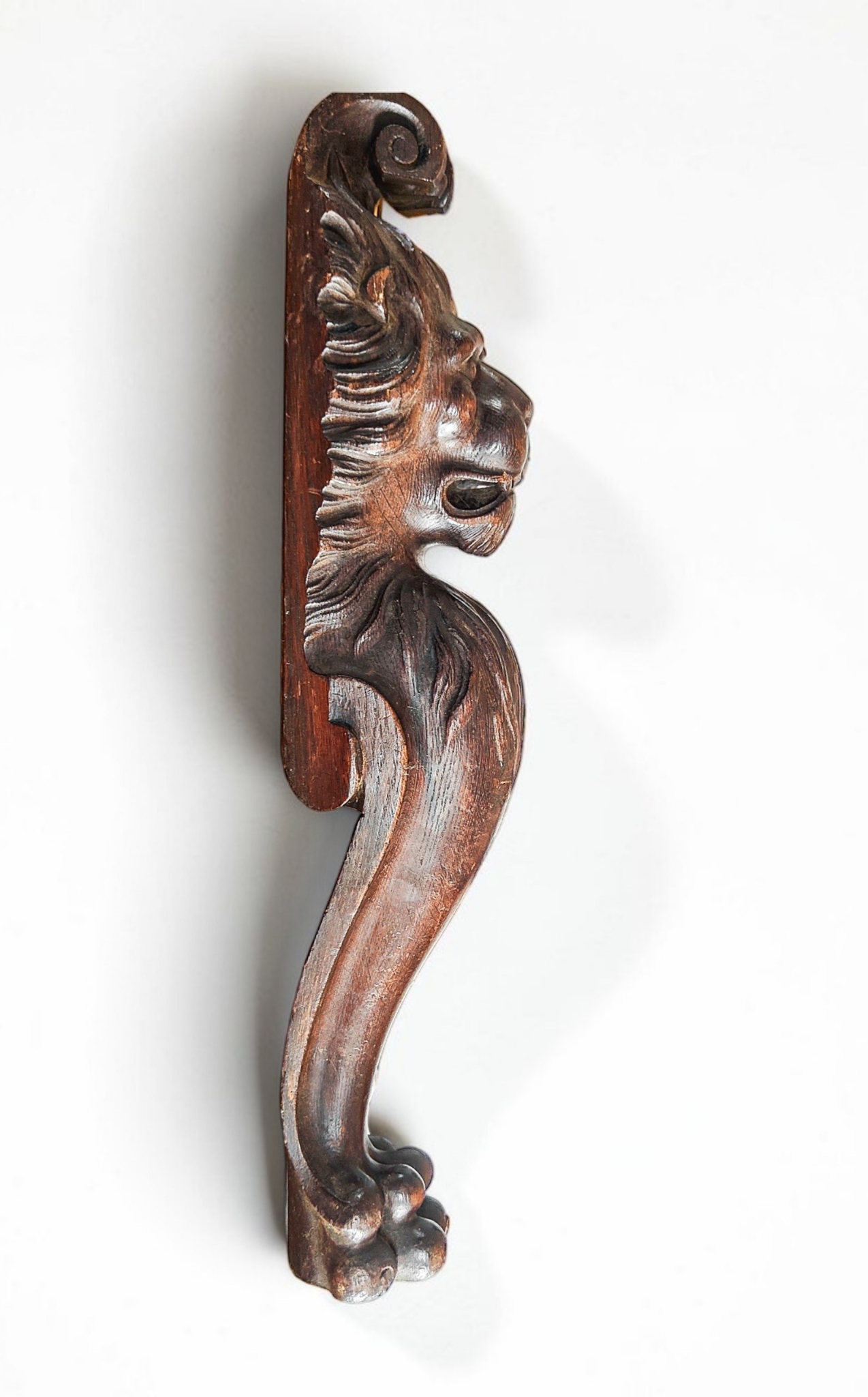 19th-Century Hand-Carved Oak Lion Mask Corbel & Leg Mount