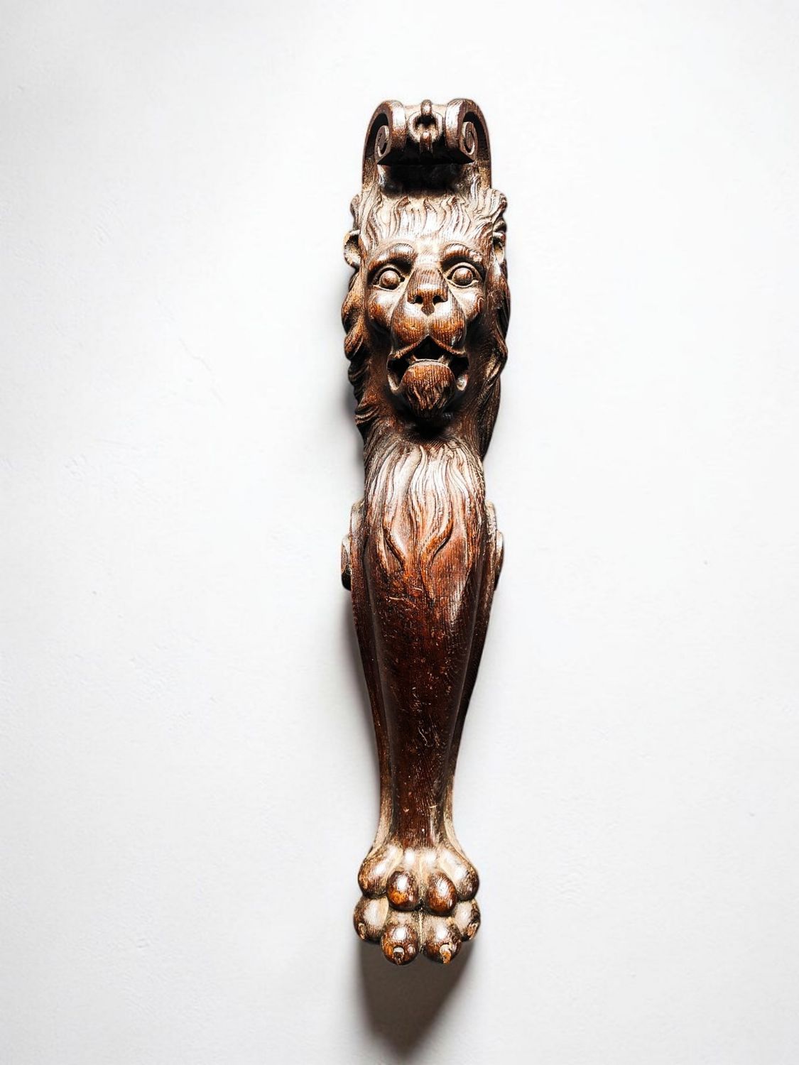 19th-Century Hand-Carved Oak Lion Mask Corbel & Leg Mount