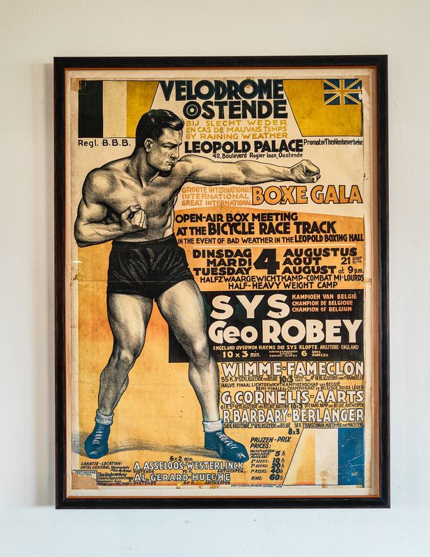 Original 1950s Linen-Backed Belgian Boxing Poster – "Boxe Gala" Velodrome Ostende (