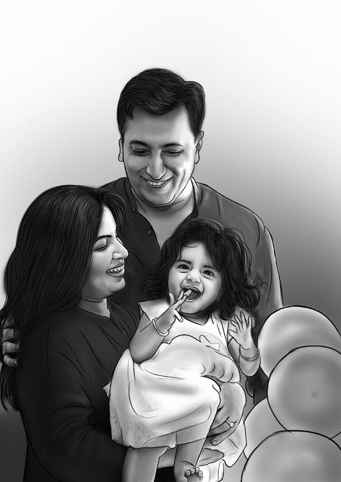 Cute Family Handmade Digital Sketch 12 x 18 Inch (No Ai Work)
