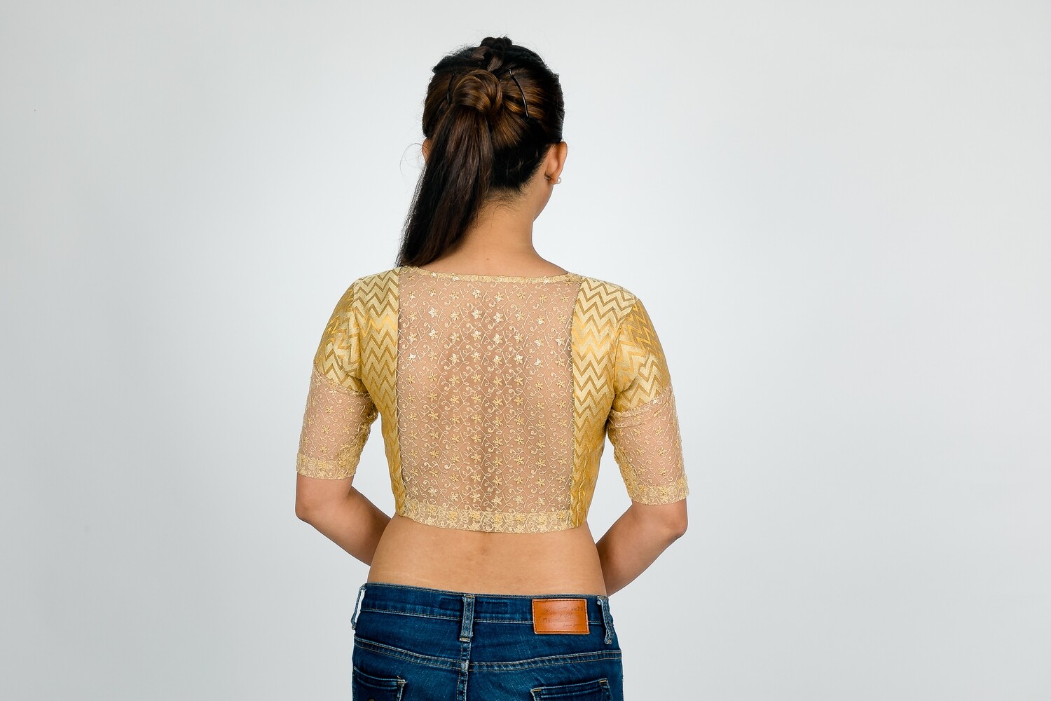 Gold Embroidered Back Net With Brocade Saree Blouse