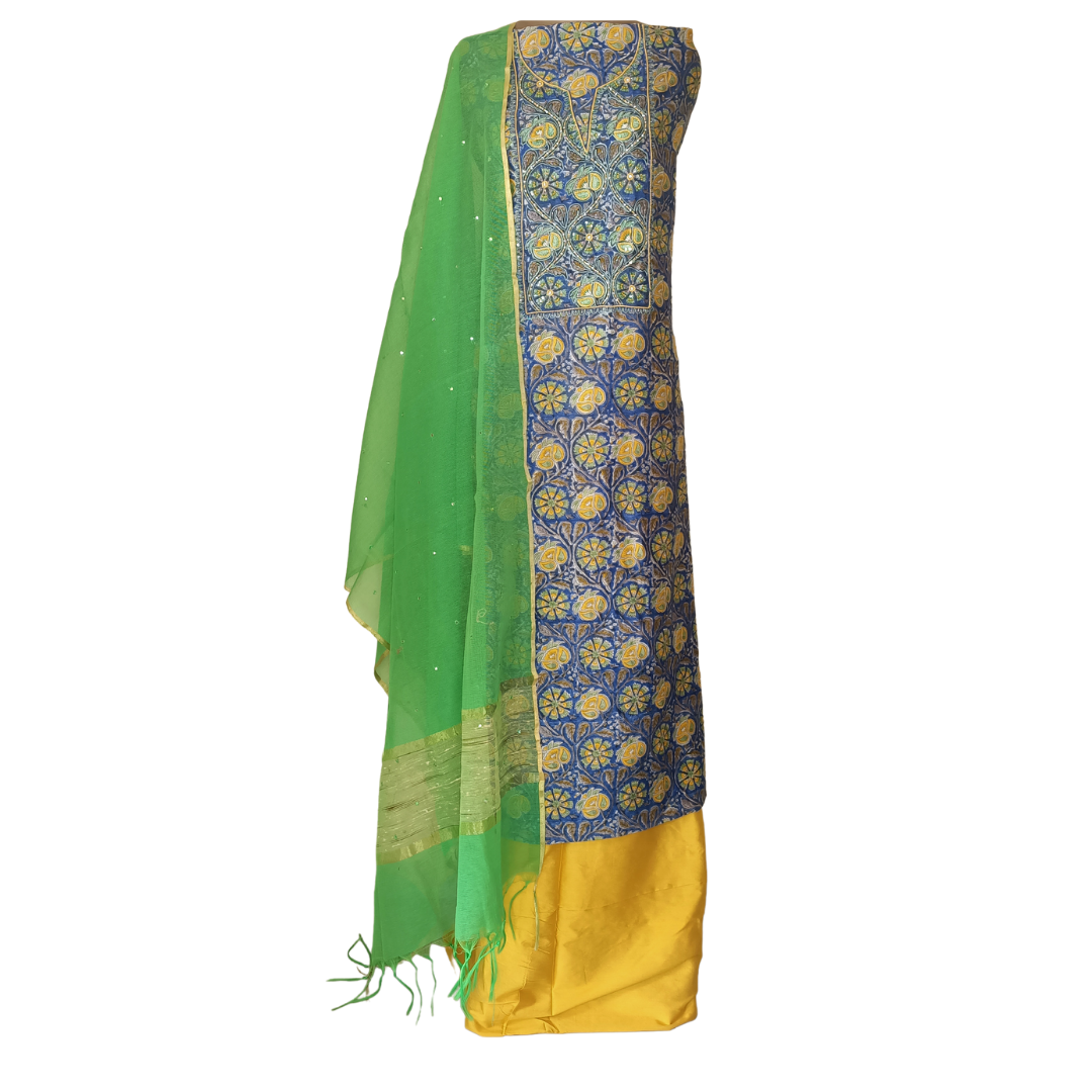 Royal Blue Green Yellow Print Hand Embroidered Chanderi