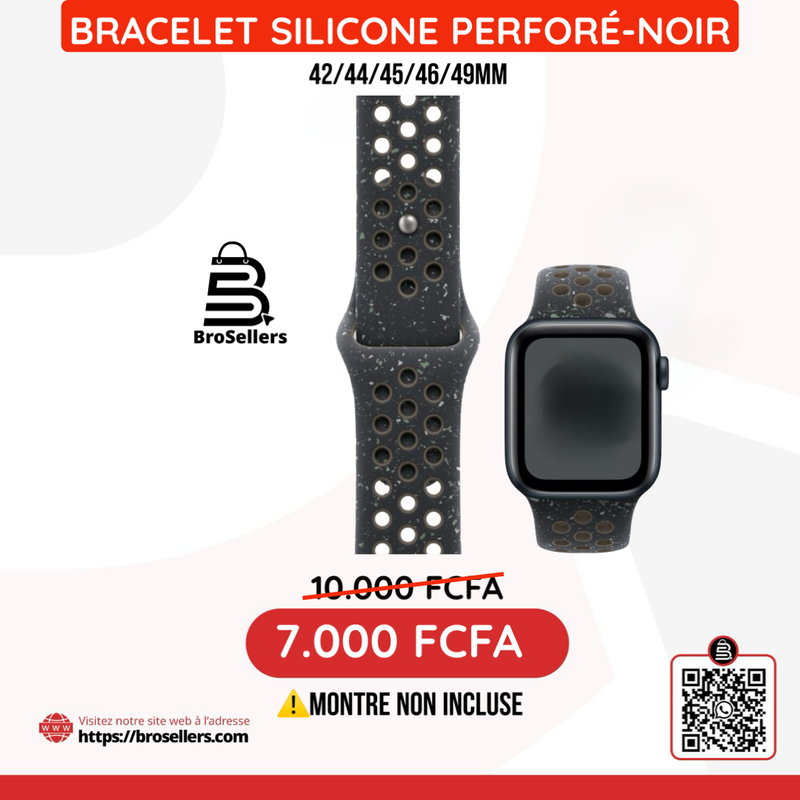BRACELET EN SILICONE PERFORÉ NOIR 44/45/46/49mm