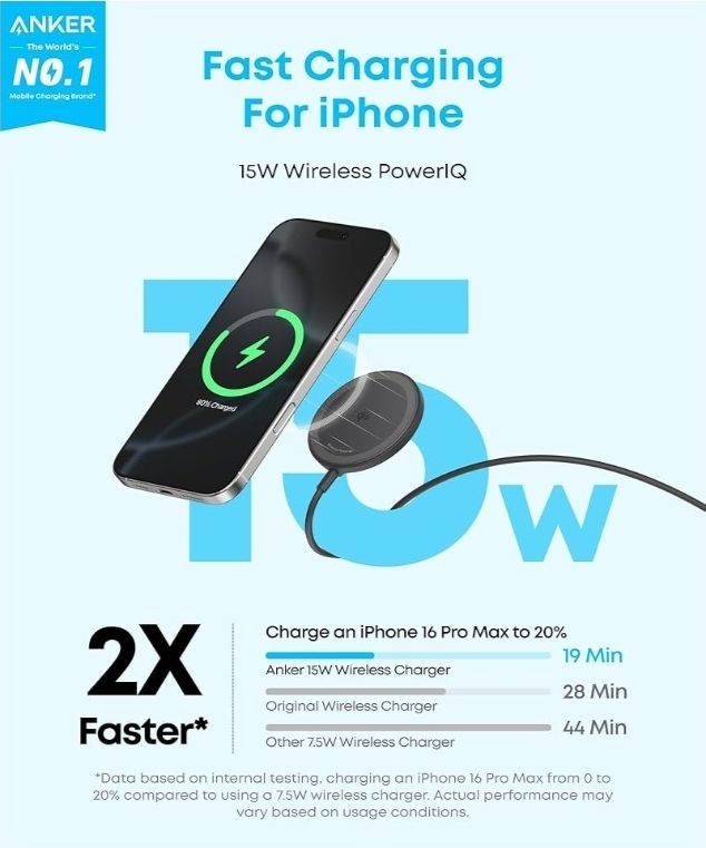 2 X Anker Zolo Chargeur Sans Fil Magnétique, certifié Qi2, puissance de 15W, compatible MagSafe, pour iPhone 16/15/14/13, AirPods et autres appareils. (Adaptateur non inclus).