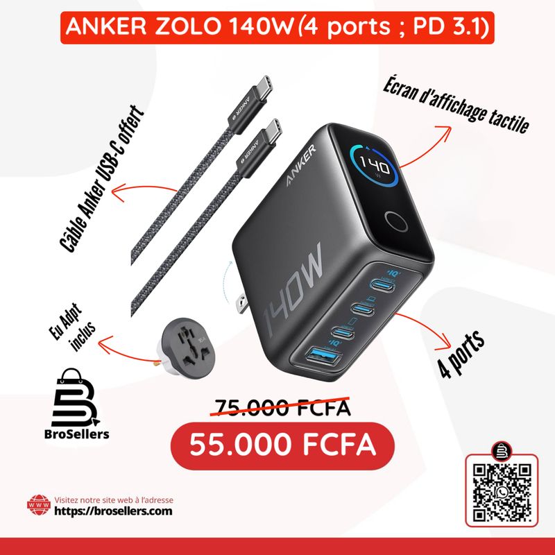 Anker Zolo Chargeur (140 W, 4 ports, PD 3.1) avec câble USB-C