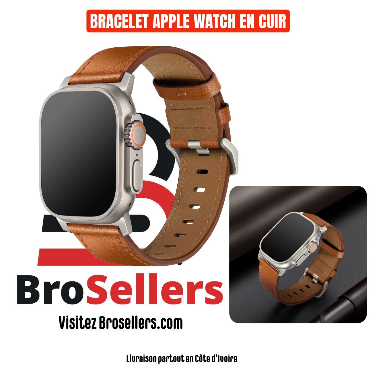 BRACELET EN CUIR EVERLAST POUR APPLE WATCH 44/45/46/49MM-MARRON