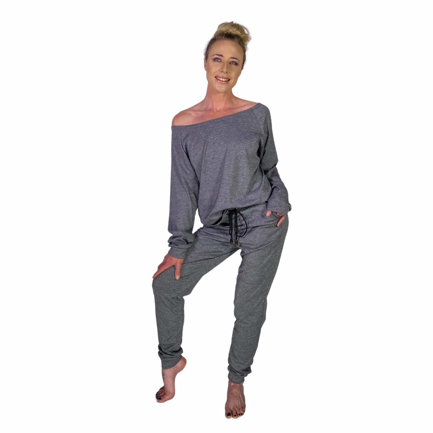 Grey Leisure-Wear Tracksuit with Off Shoulder Flirt Top