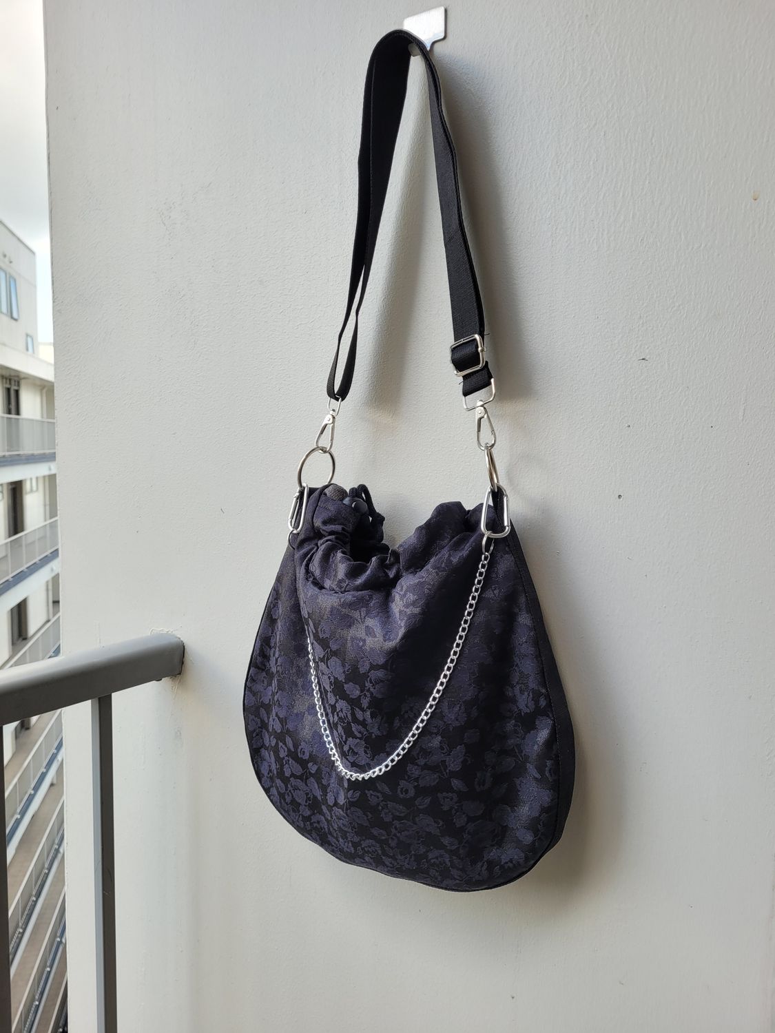 BLACK SATIN BROCADE CROSSBODY