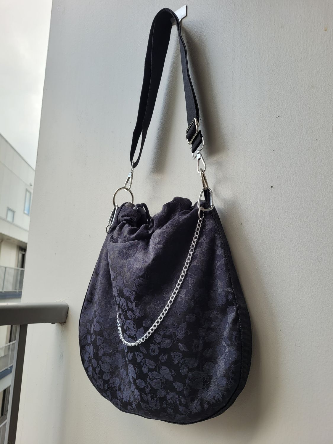 BLACK SATIN BROCADE CROSSBODY