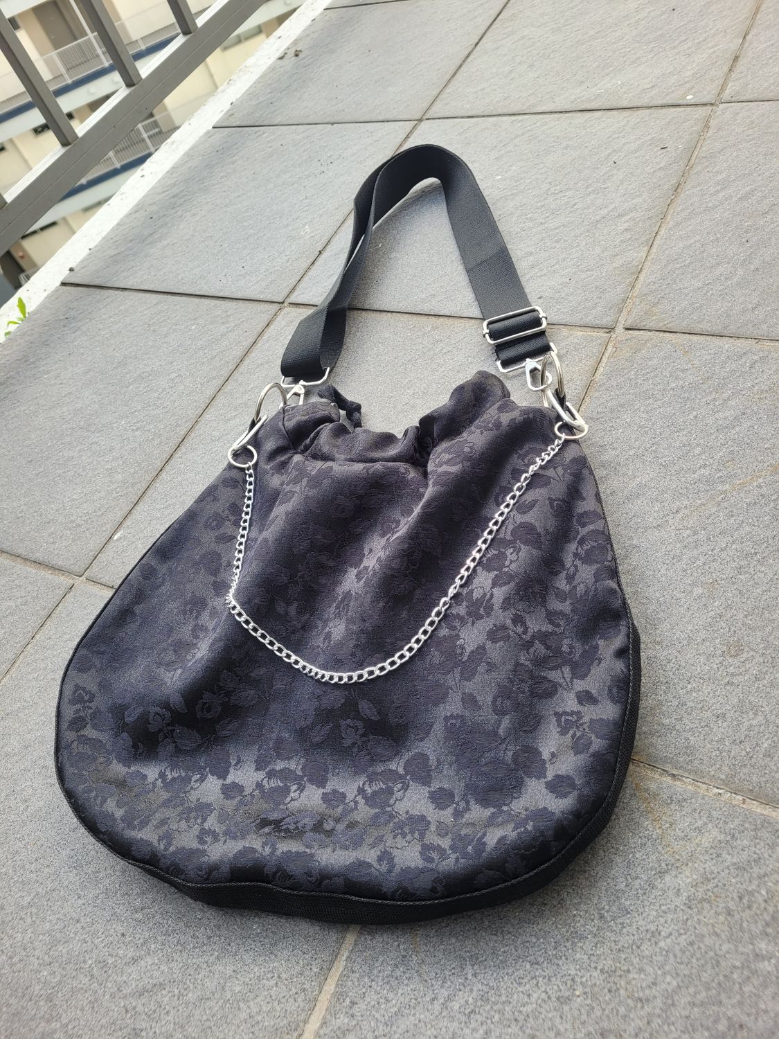 BLACK SATIN BROCADE CROSSBODY