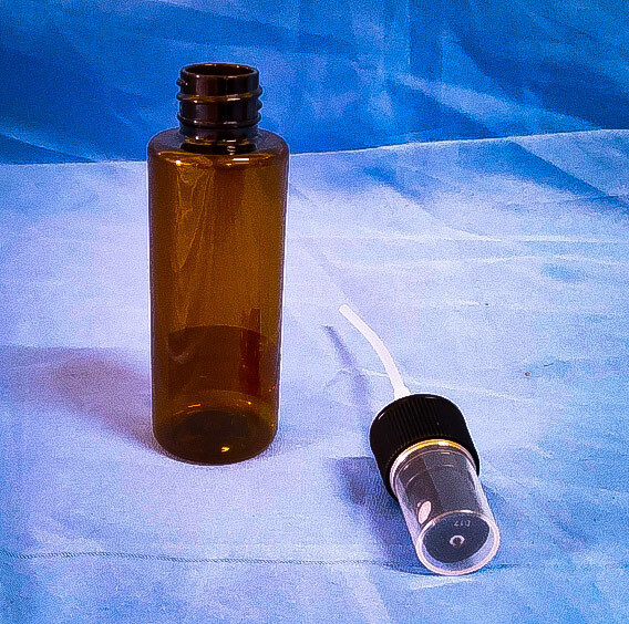 PET 80 mL Tubular Dark Amber Plastic Bottle Threaded with Black Ribbed Pump Spray