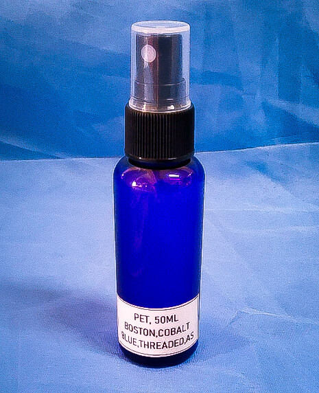 PET 50 mL Boston Cobalt Blue Plastic Bottle Threaded with Black Ribbed Pump Spray PET 50 mL Boston Cobalt Blue Plastic Bottle Threaded with Black Ribbed Pump Spray