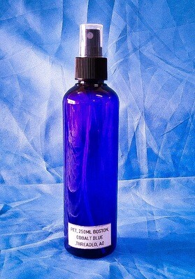 PET 250 mL Boston Cobalt Blue Plastic Bottle Threaded with Black Ribbed Spray