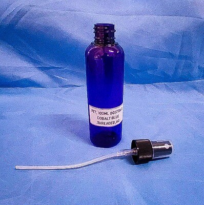 PET 100 mL Boston Cobalt Blue Plastic Bottle Threaded with Black Ribbed Pump Spray