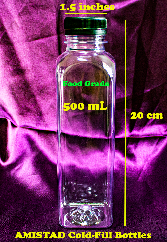 A0117 Clear Food Grade 500 mL PET Cold Fill Square Plastic Bottle with Black Cap (pc)