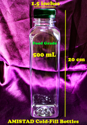 A0117 Clear Food Grade 500 mL PET Cold Fill Square Plastic Bottle with Black Cap (pc)