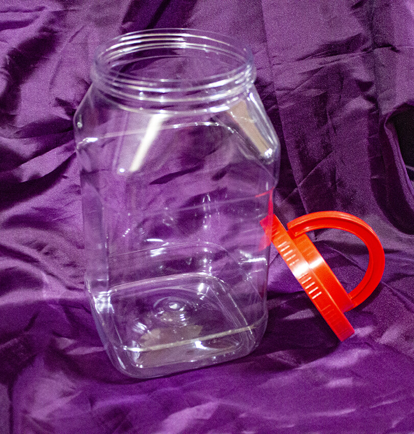 A0145-R PET Plastic 4 Liter Wide Mouth Square Jar with Induction Liner and Red Cap With Handle