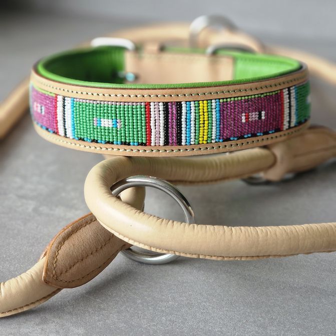 Set : Halsband Naturleder GREEN MASSAI & passende Leder Leine Set : Halsband Naturleder GREEN MASSAI & passende Leder Leine