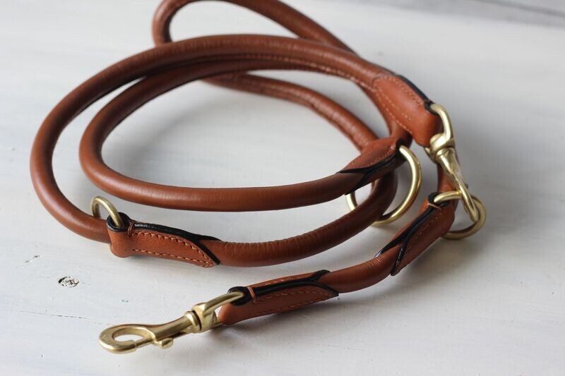 Lederleine  COGNAC mit MESSING Beschlägen rundgenäht 2 meter