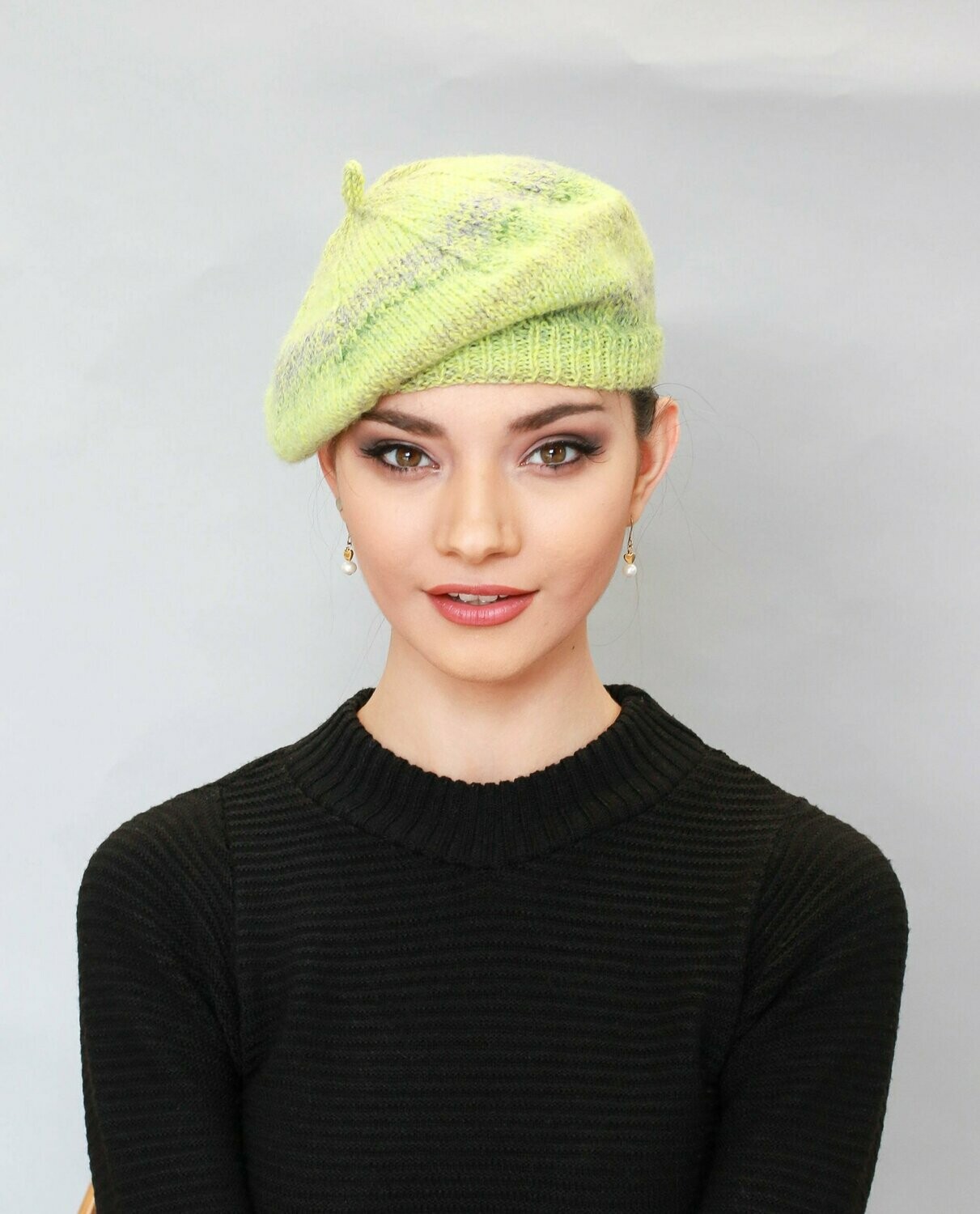 Ladies Hand Knitted Beret Shades of Lime Green