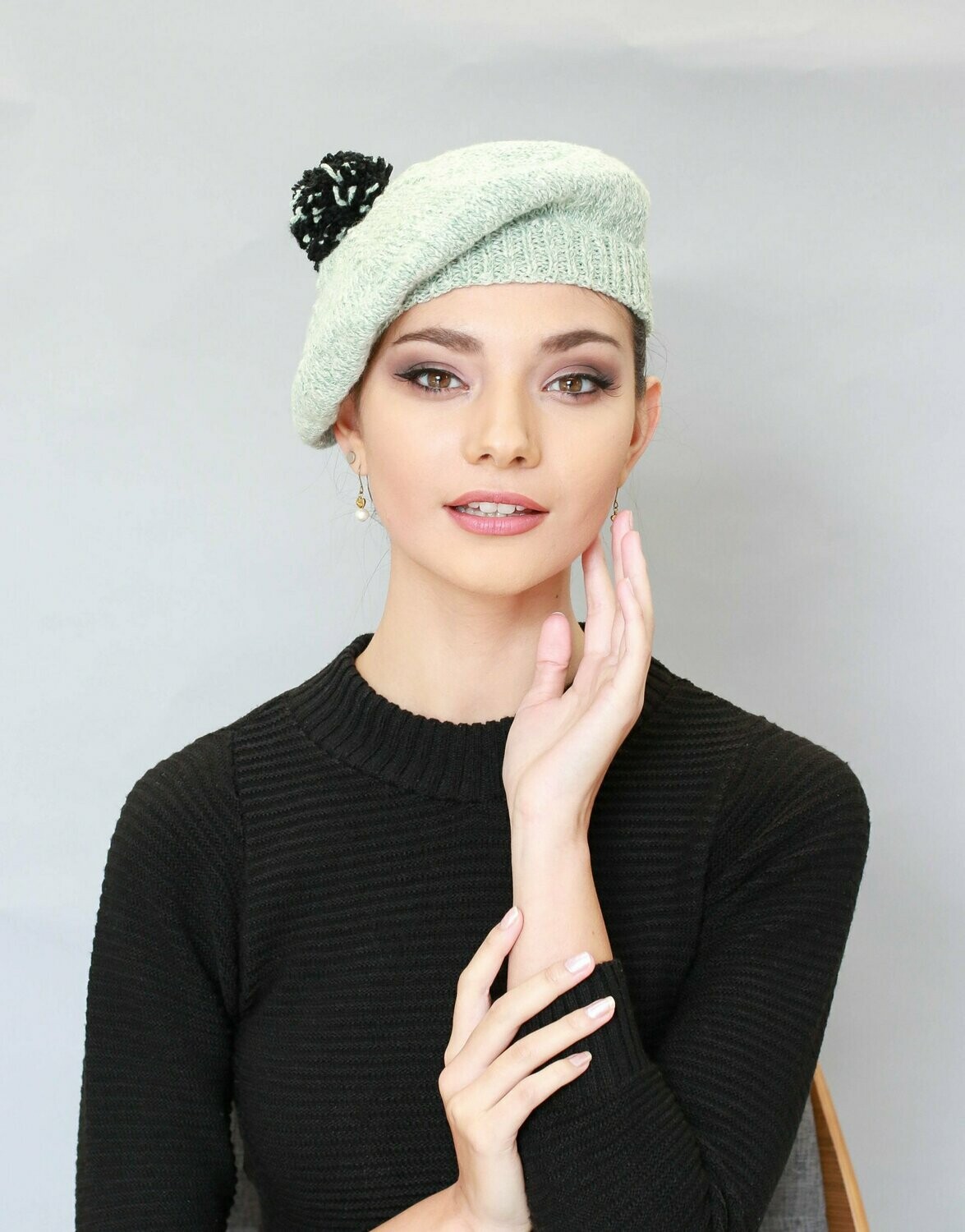 Ladies Hand Knitted Wool Beret - Green/Black Pompom