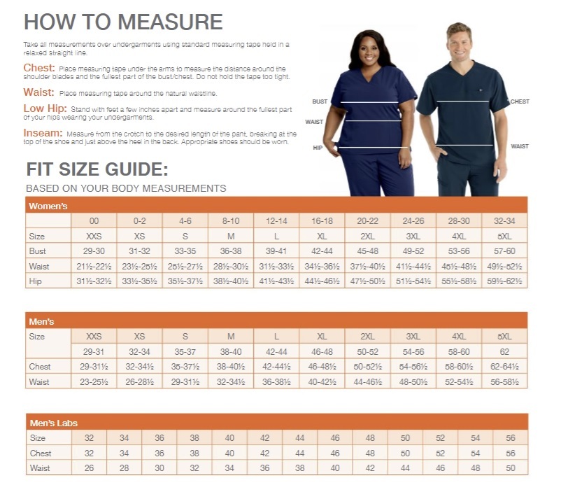 Barco/Grey's Anatomy/Skechers Size Chart