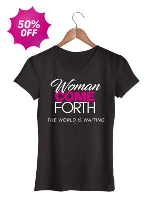 Woman Come Forth V-Neck T-Shirt in Black