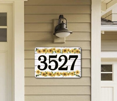 Sunflower Custom Address Hanging Sign, Cute Rustic Country Sign, Easy to Hang weather-resistant Aluminum, 8 x 12 house numbers