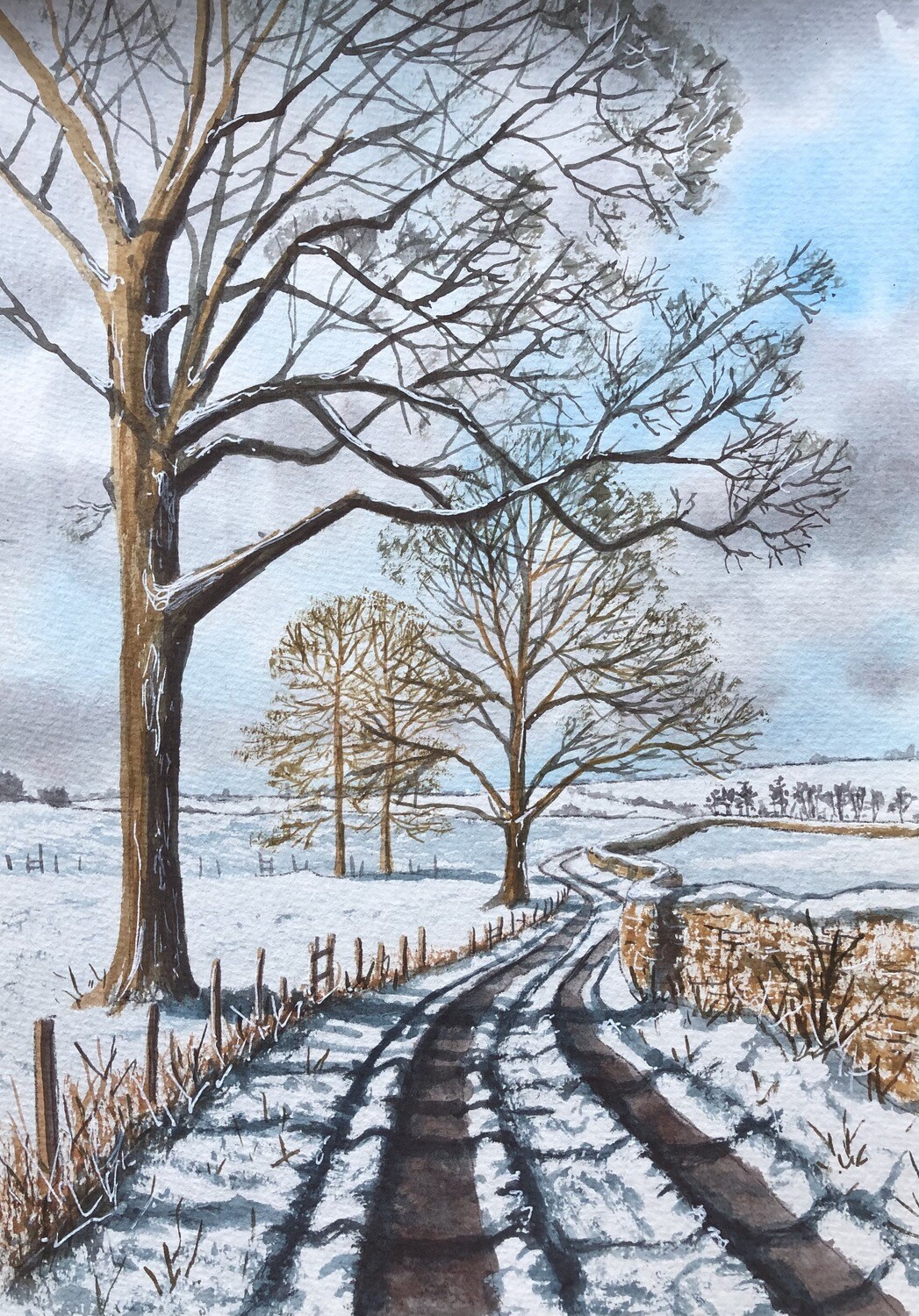 First Snow on a Country Lane in Watercolour