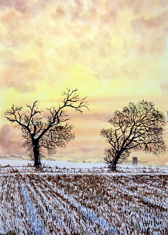 Frosty Misty Fields and Amber Skies in Watercolour