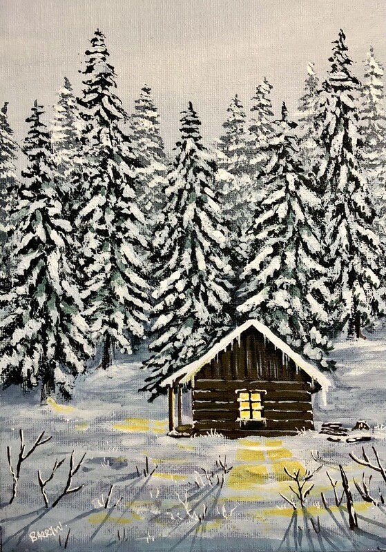 Log Cabin in Snowy Fir Tree Forest in Acrylics