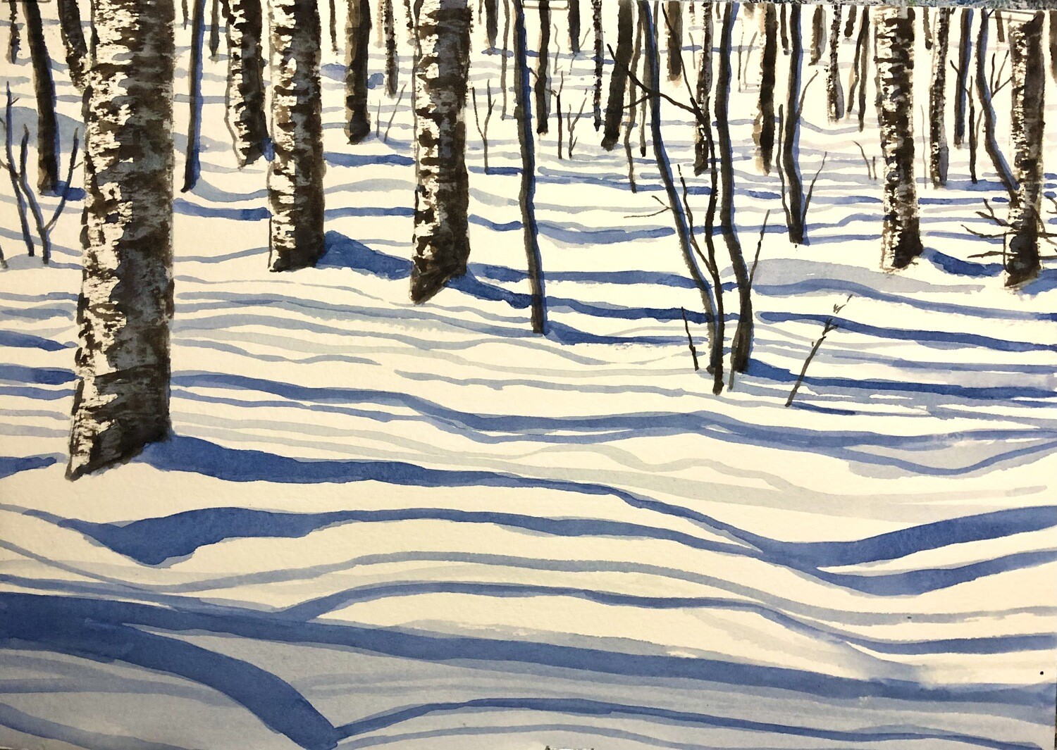 Snowy Trees and Shadows in Watercolour
