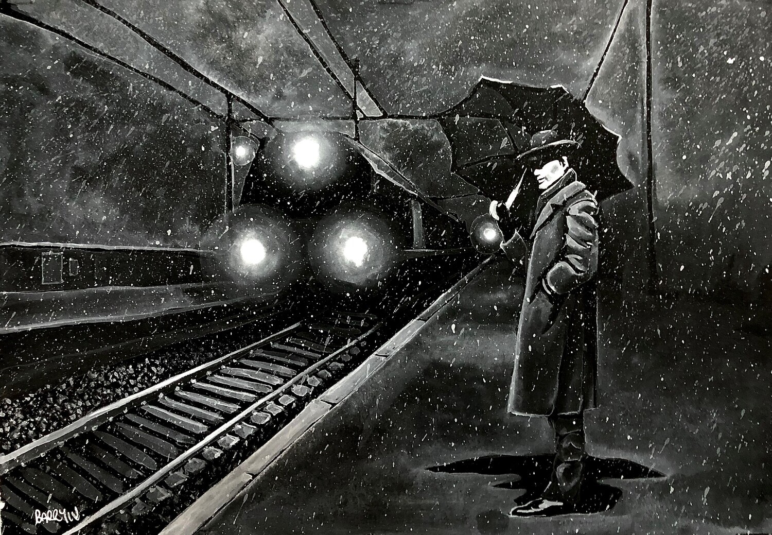 Man Waiting for a Train in White Gouache on Black Card