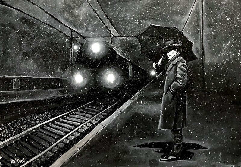 Man Waiting for a Train in White Gouache on Black Card
