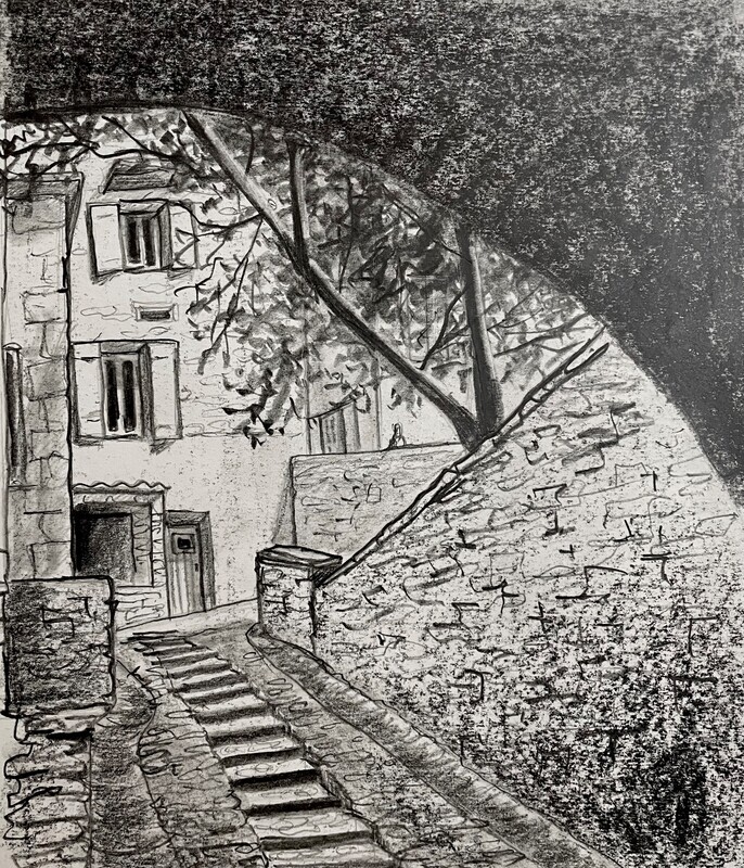 Steps to the Top of Gordes in Pencil