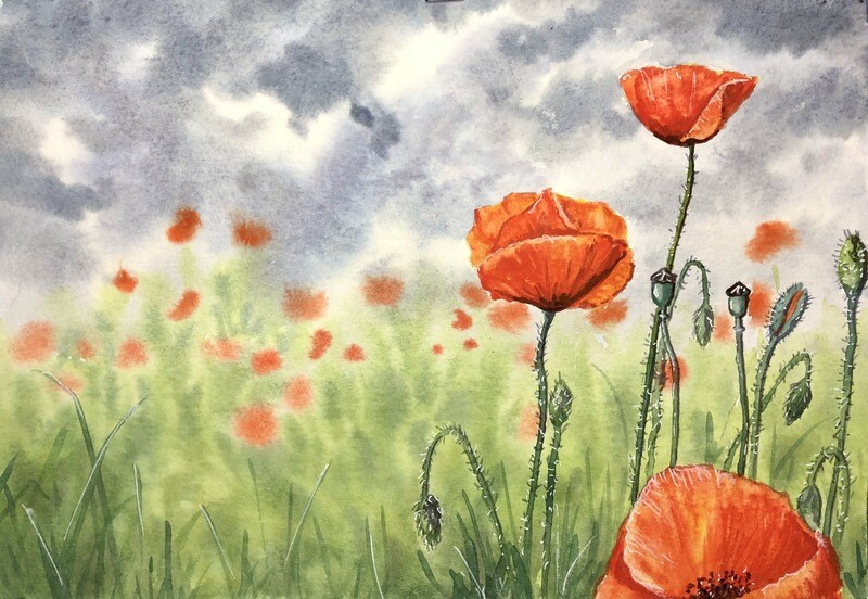 Poppies and Stormy Clouds in Watercolour