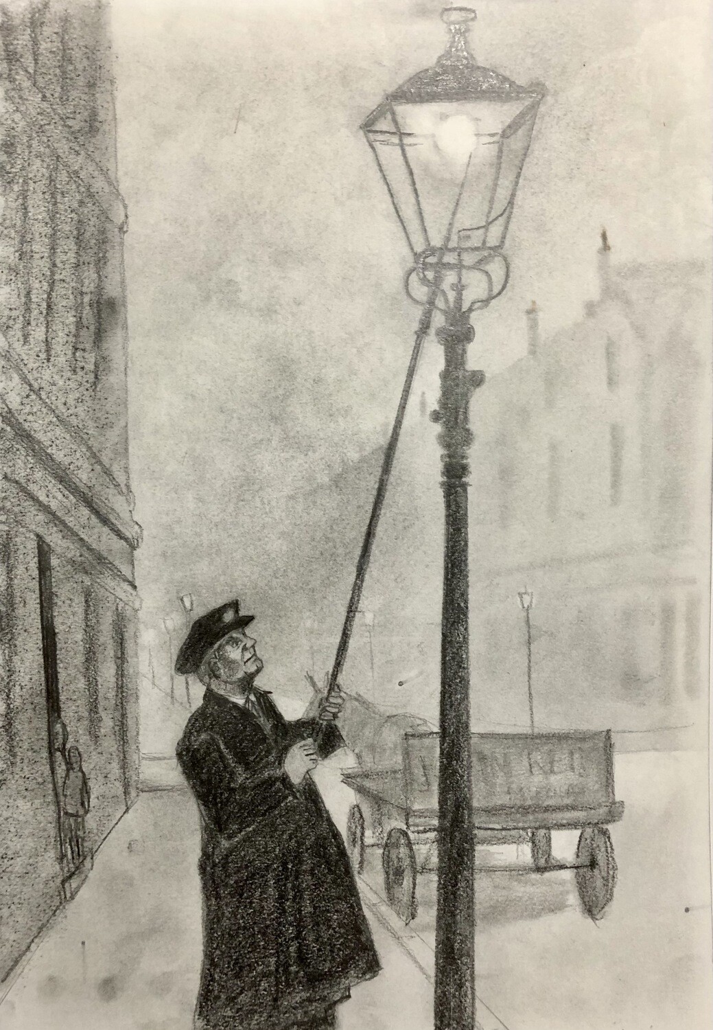 Old Lamp Lighter in the Fog in Pencil