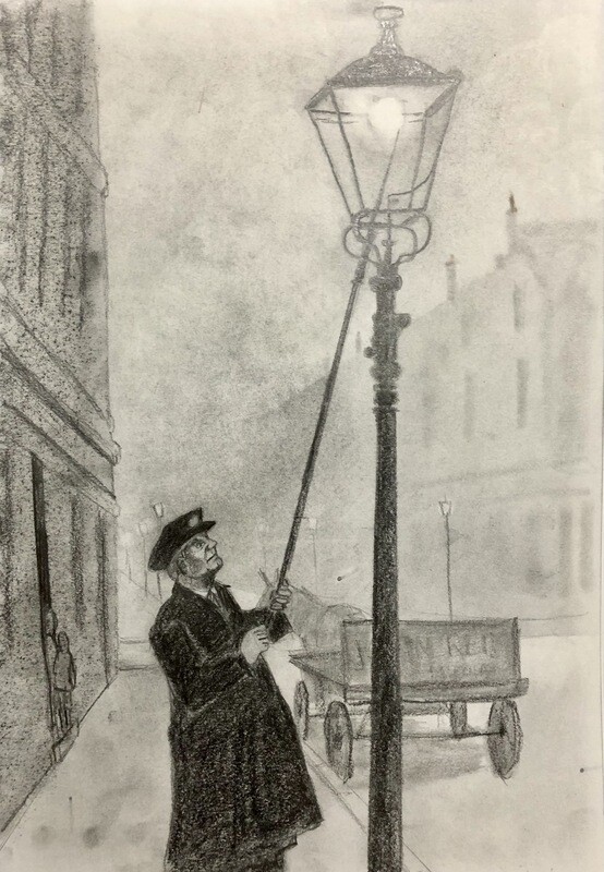 Old Lamp Lighter in the Fog in Pencil