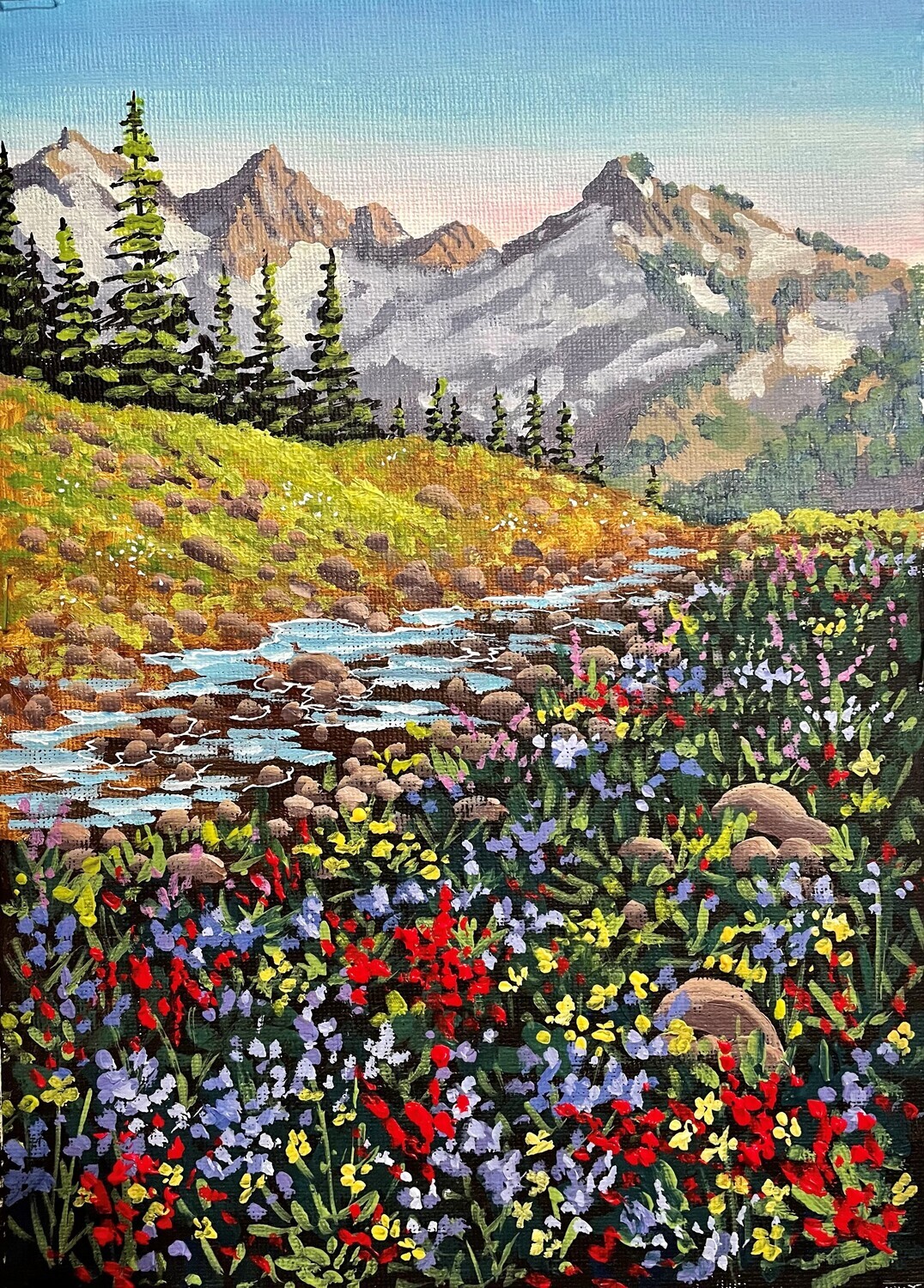 Mountain Flowers with Distant Snowy Mountain in Acrylics